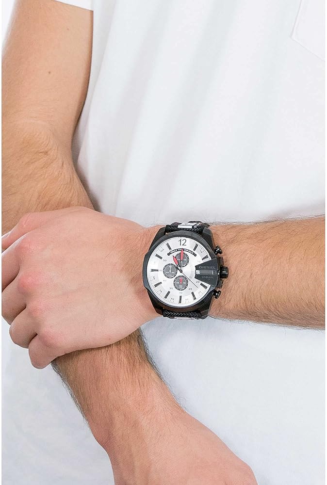 Diesel DZ4512 Mega Chief Chronograph Men's Watch – Silver Dial & Black Leather Strap