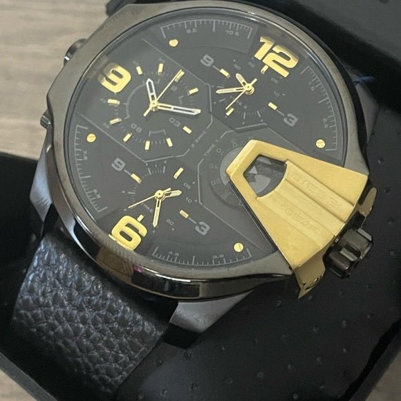 Diesel DZ7377 Uber Chief Two-Hand Men's Watch – Black Dial & Black Leather Strap
